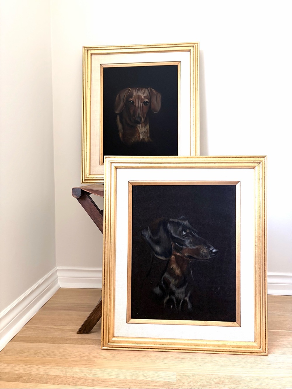 Vintage Mid-Century Dachshund Velvet Painting Pair Wood Gold Frames Set of 2